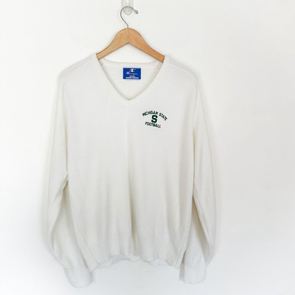 Champion Vintage 80s Unisex Michigan State Football Cream Acrylic V Neck Sweater